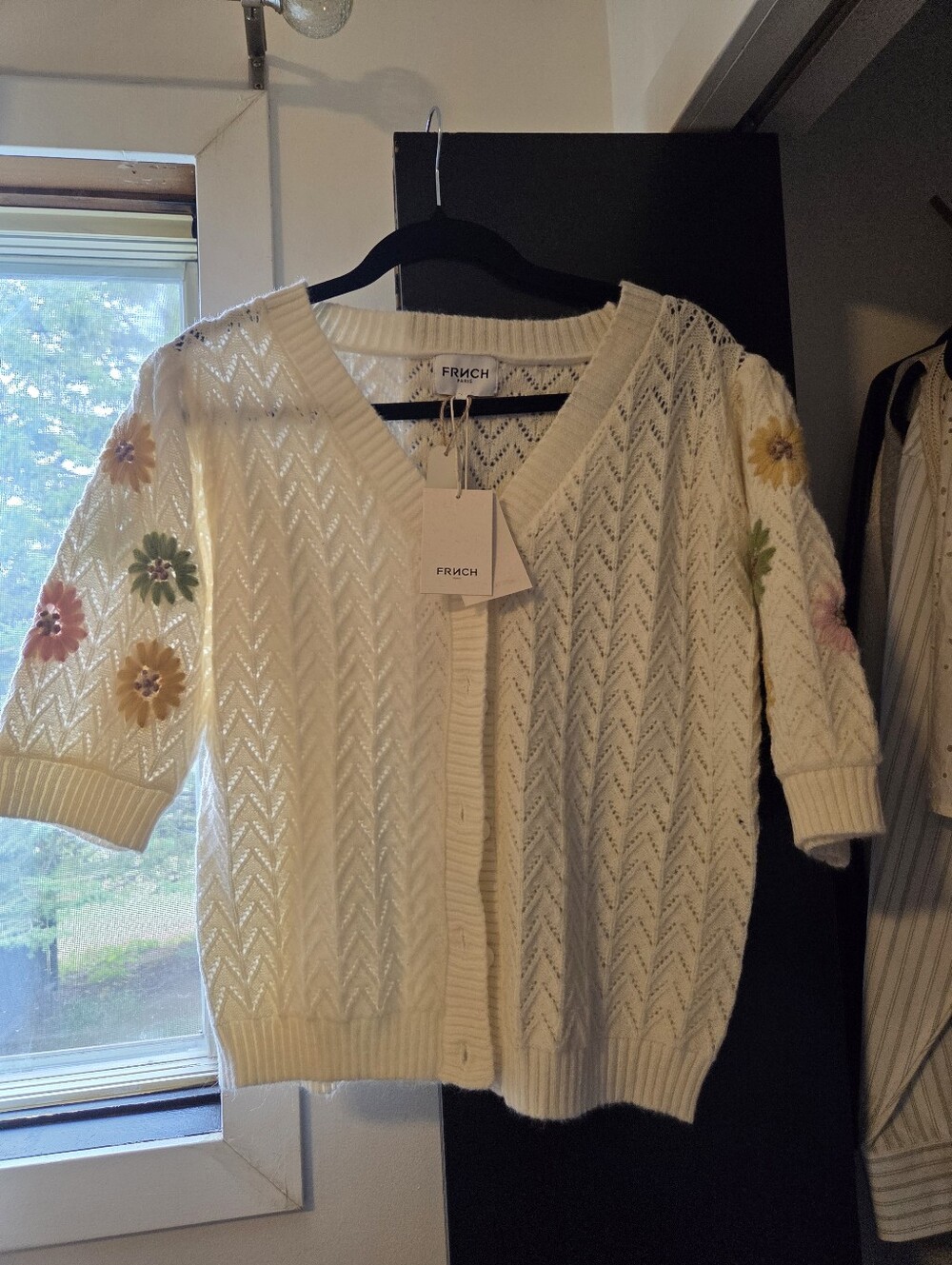 FRNCH Cream Knit Cardigan with Pastel Floral Sleeves